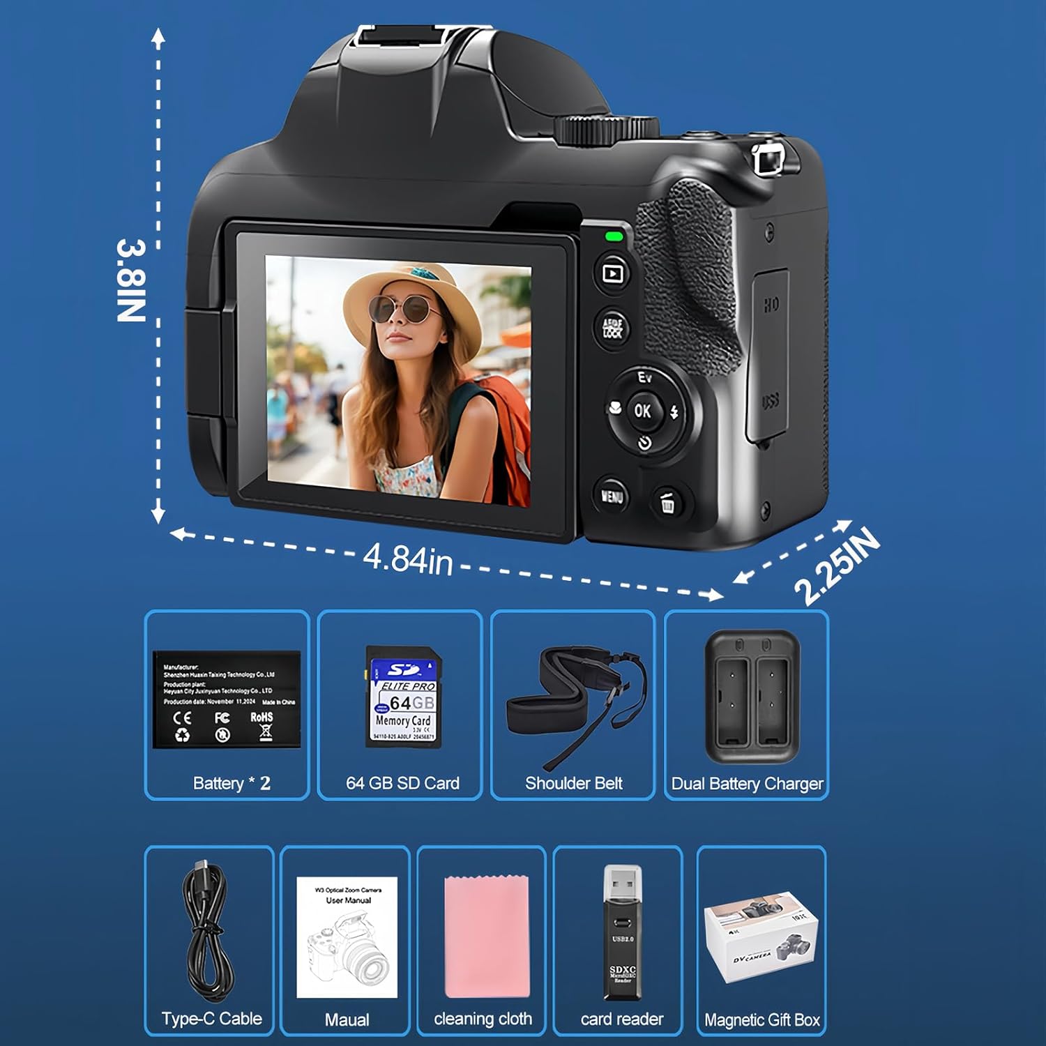 4K Digital Camera for Photography - 12X Optical Zoom 72MP Vlogging Camera for YouTube with 3" 270° Flip Screen, Autofocus Compact Camera with 2 Batteries 64GB SD Card, USB Card Reader & Charging Stand