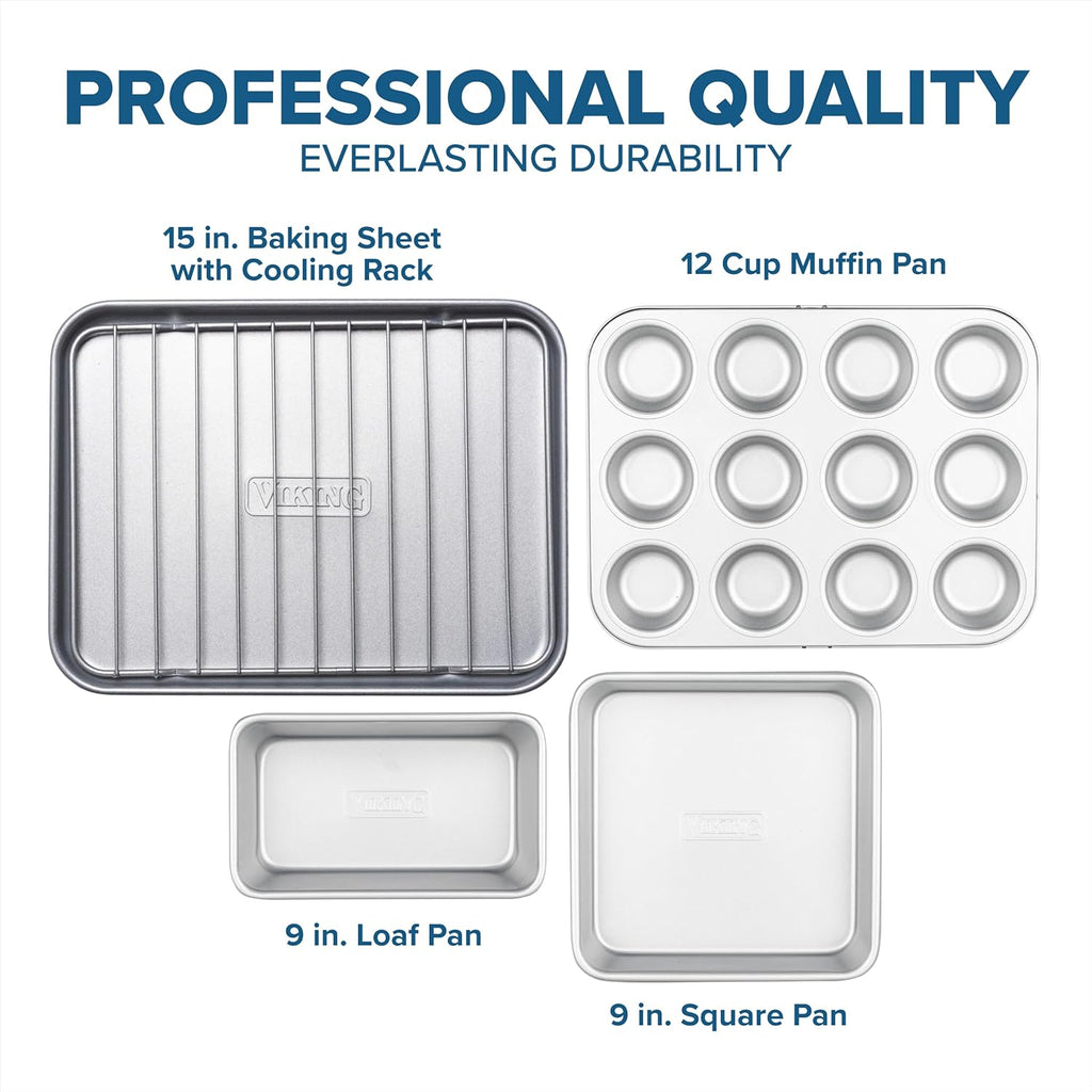 Viking Premium 5-Piece Nonstick Ceramic Baking Pans Set, Made without PFAS, Heavy Gauge Aluminized Steel Bakeware, Baking Sheet, Cooling Rack, Loaf, Muffin and Square Pan, Oven Safe for 475F, Silver
