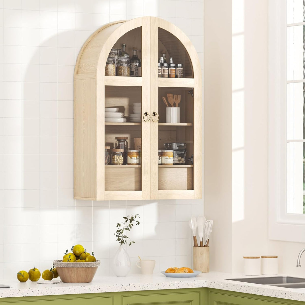 Medicine Cabinet with Tempered Glass Door, Arched Bathroom Wall Cabinet with Adjustable Shelf, for Kitchen, Living Room, Entryway, Laundry Room, Apartment, Office, Small Space, Oak