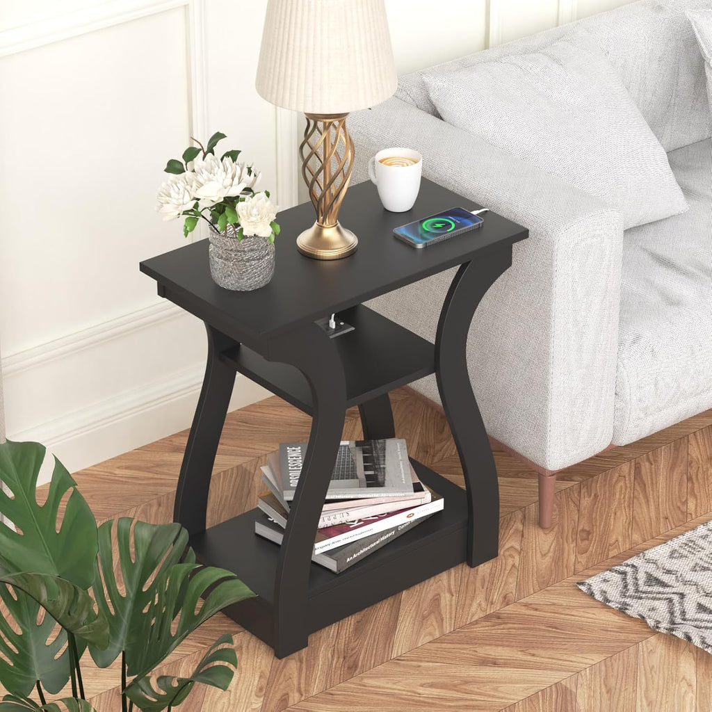 FROMJBEST Black End Table Set of 2 with Charging Station, Side Table with USB Ports and Outlets, Black Nightstand, 3 Tier End Table with Storage Shelf for Living Room, Bedroom