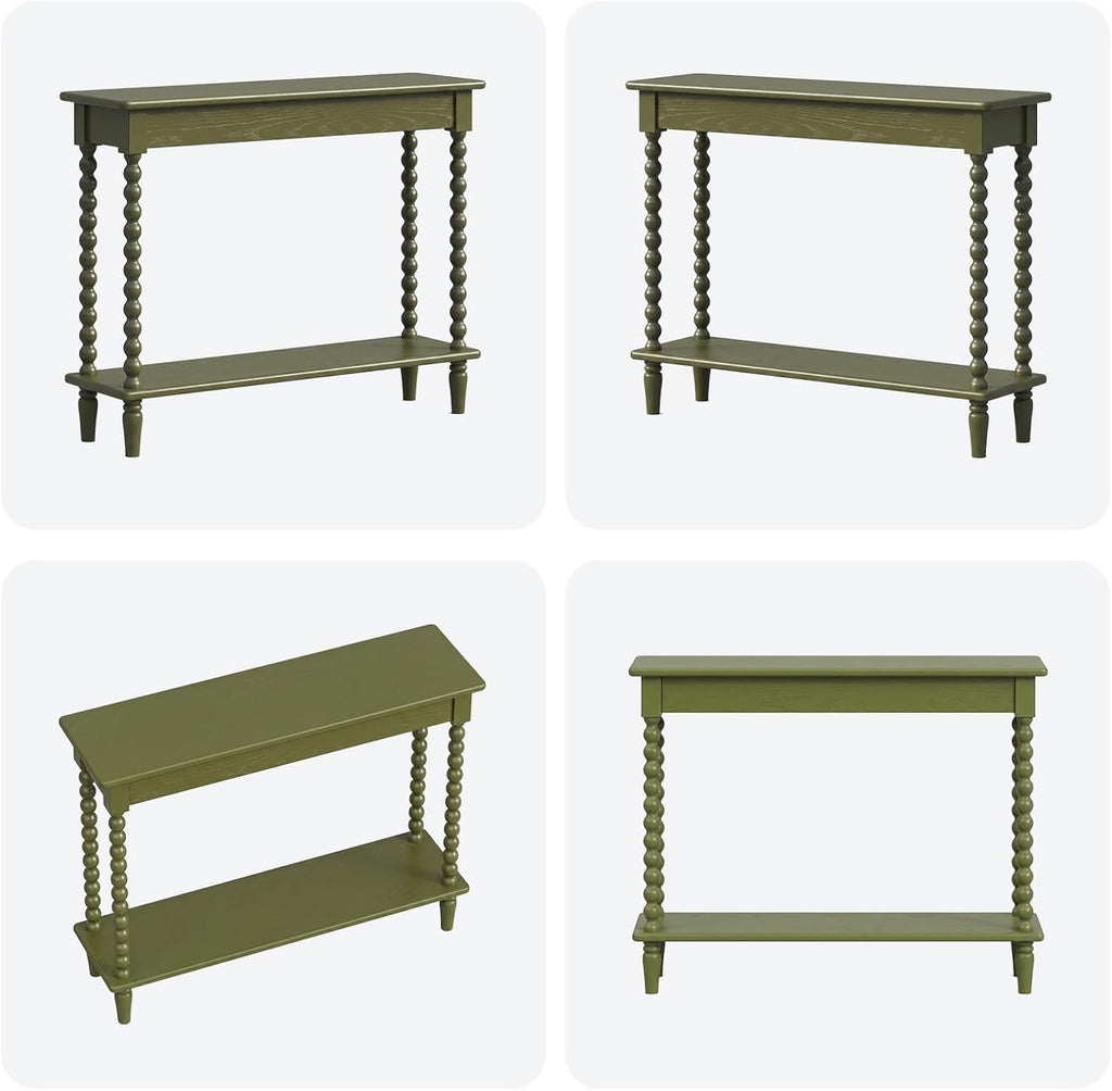 45'' Vintage Console Table, 100% Solid Wood Tall Entryway Table with 2-Tier Storage for Entrance, Hallway, Foyer, Living Room, Narrow Couch Table Behind Sofa, Minimal Assembly, Green