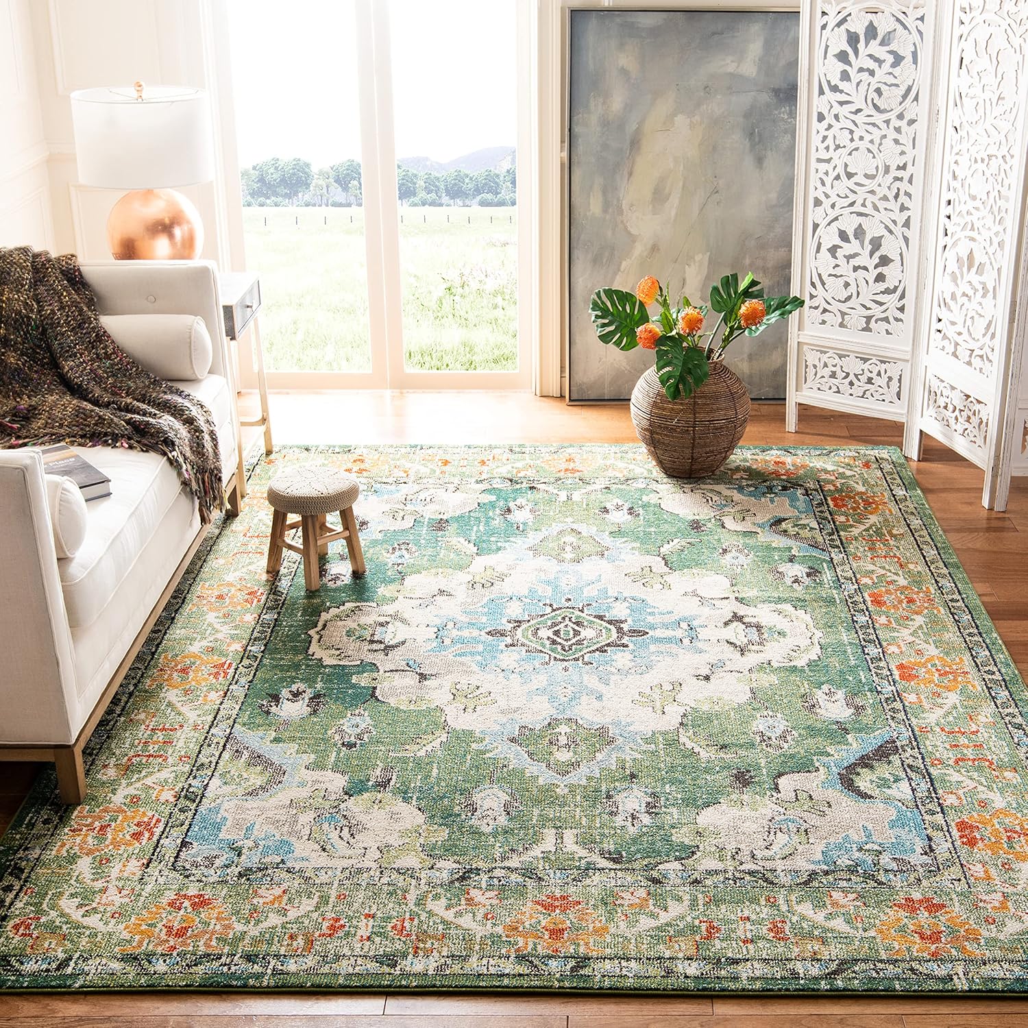SAFAVIEH Monaco Collection Area Rug - 8' x 10', Forest Green & Light Blue, Non-Shedding & Easy to Clean, Distressed Medallion Design, Ideal for Living Room, Bedroom, Dining Space (MNC243F)