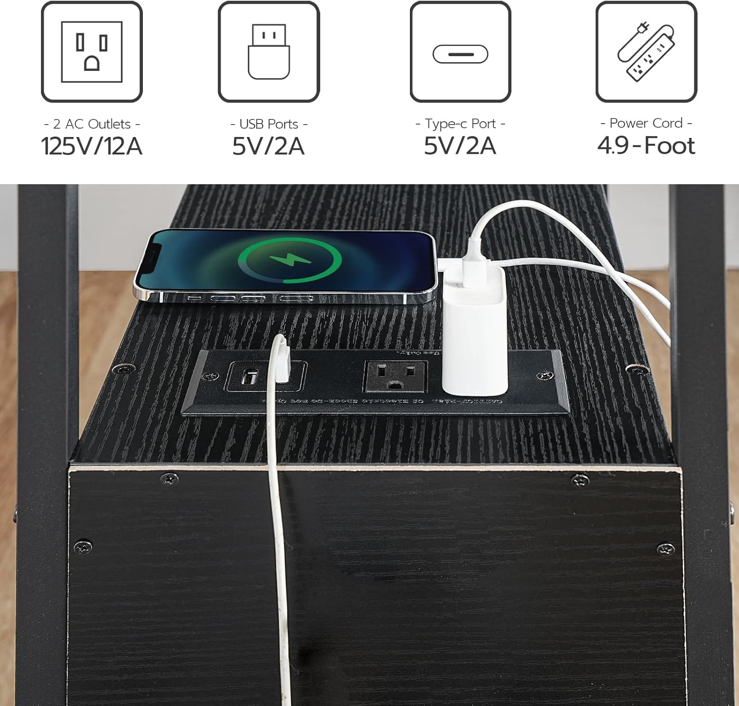 HOOBRO Set of 2 End Tables with Charging Station, Narrow Side Table with Drawers & USB Port & Power Outlets, Nightstand for Small Spaces, Living Room, Stable and Sturdy, Black BK541BZP201