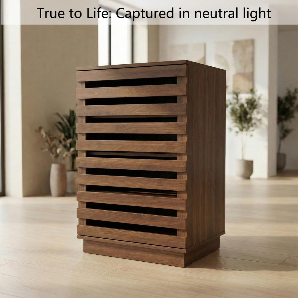 holzart Modern Slatted Audio Component Cabinet, 4-Tier Stereo Equipment Rack Media Stand with Ventilated Door & Cable Management, Rustic Brown 35.4" Tall
