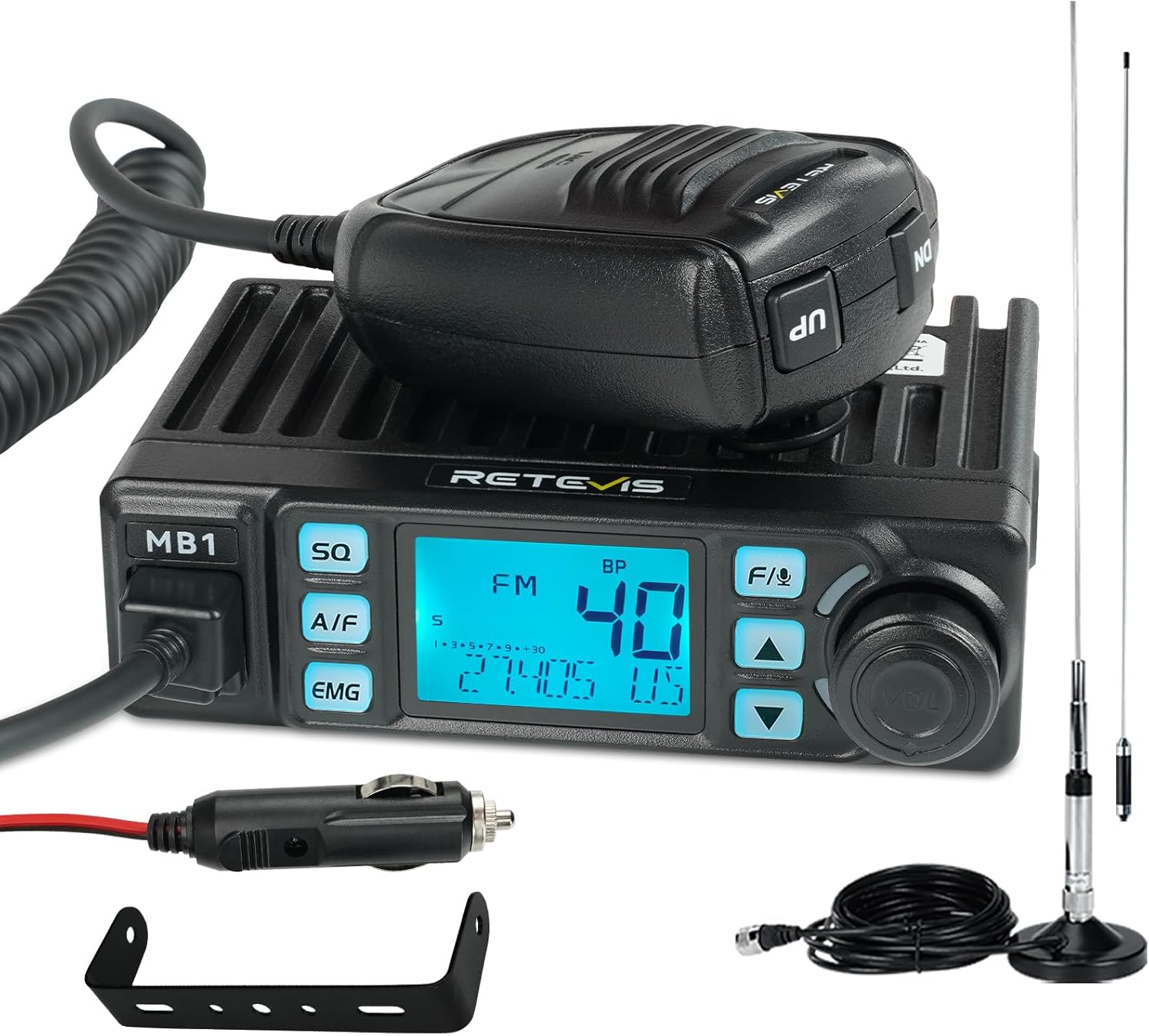 Retevis MB1 40 Channel CB Radio, Noise Cancellation Long Range Mobile Radio, with CB Antenna and Cigarette Lighter, Emergency Channel 9/19, 7-Color Screen, Auto-Scan, External Speaker Jack for Trucker