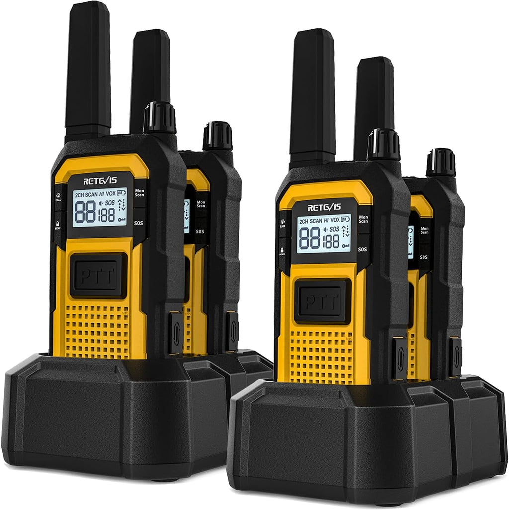 Retevis RB48 IP67 Waterproof Walkie Talkies Long Range, MIL-STD-810H Heavy Duty Two Way Radio, Rugged & Large Front PTT, Vibration Alert, NOAA, Floating, for Construction Job Site (4 Pack) Yellow