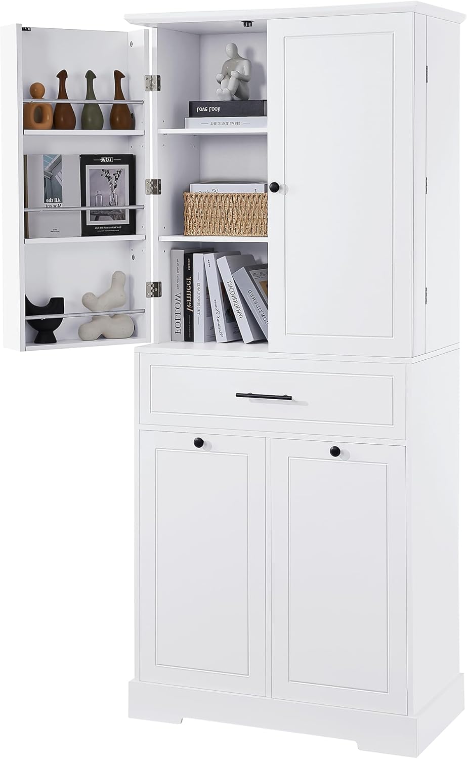 Tall Storage Cabinet Pantry Cupboard with Laundry Hamper and Door Rack Organizer for Bathroom, Kitchen or Enterway, Adjusatble Shelf, White