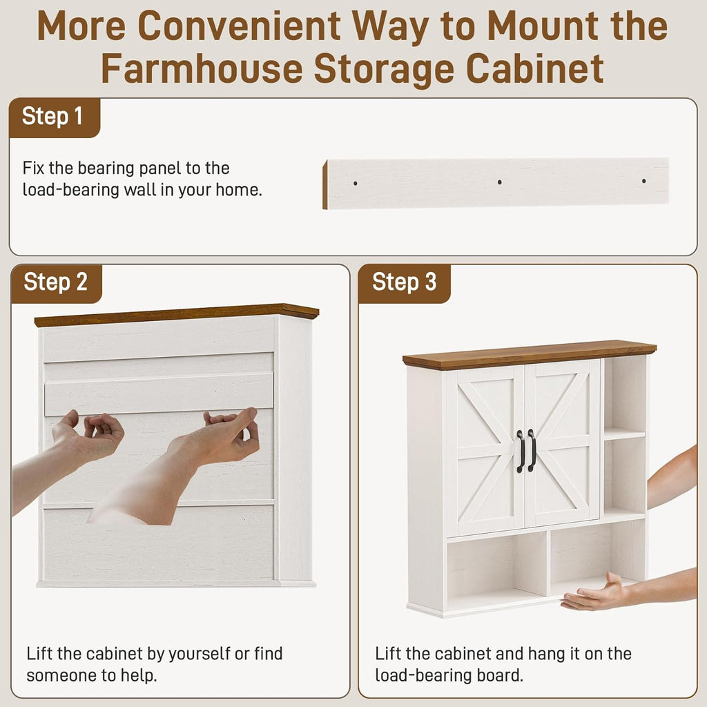 Bathroom Wall Cabinet, Farmhouse Medicine Cabinet with Double Barn Door and Adjustable Wood Shelf, Over The Toilet Storage Cabinet for Wall Mounted for Bathroom Laundry Room Kitchen (White and Brown)