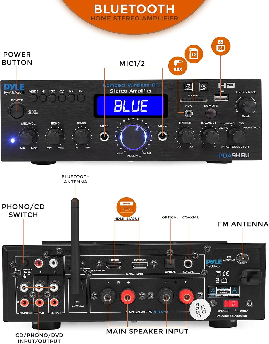 Pyle Wireless Bluetooth Home Stereo Amplifier - Multi-Channel 200 Watt Power Amplifier Home Audio Receiver System w/HDMI, Optical/Phono/Coaxial, FM Radio, USB/SD, AUX, RCA, Mic - Remote -PDA9HBU.5