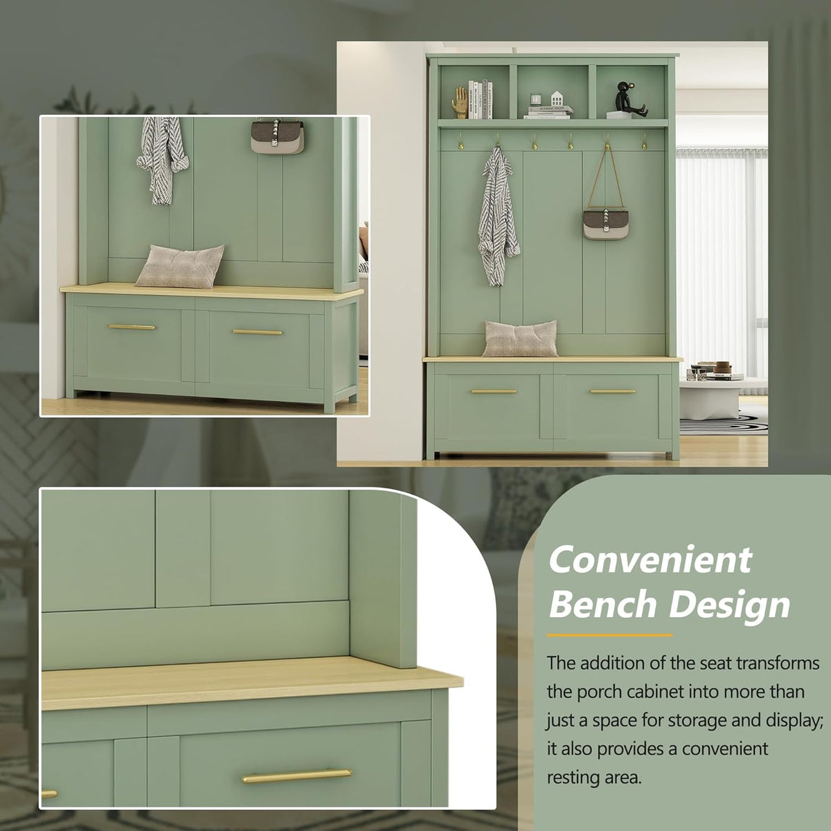 LUMISOL Mudroom Coat Rack with 2 Drawers, Entryway Hall Tree with Storage Bench, Mint Green