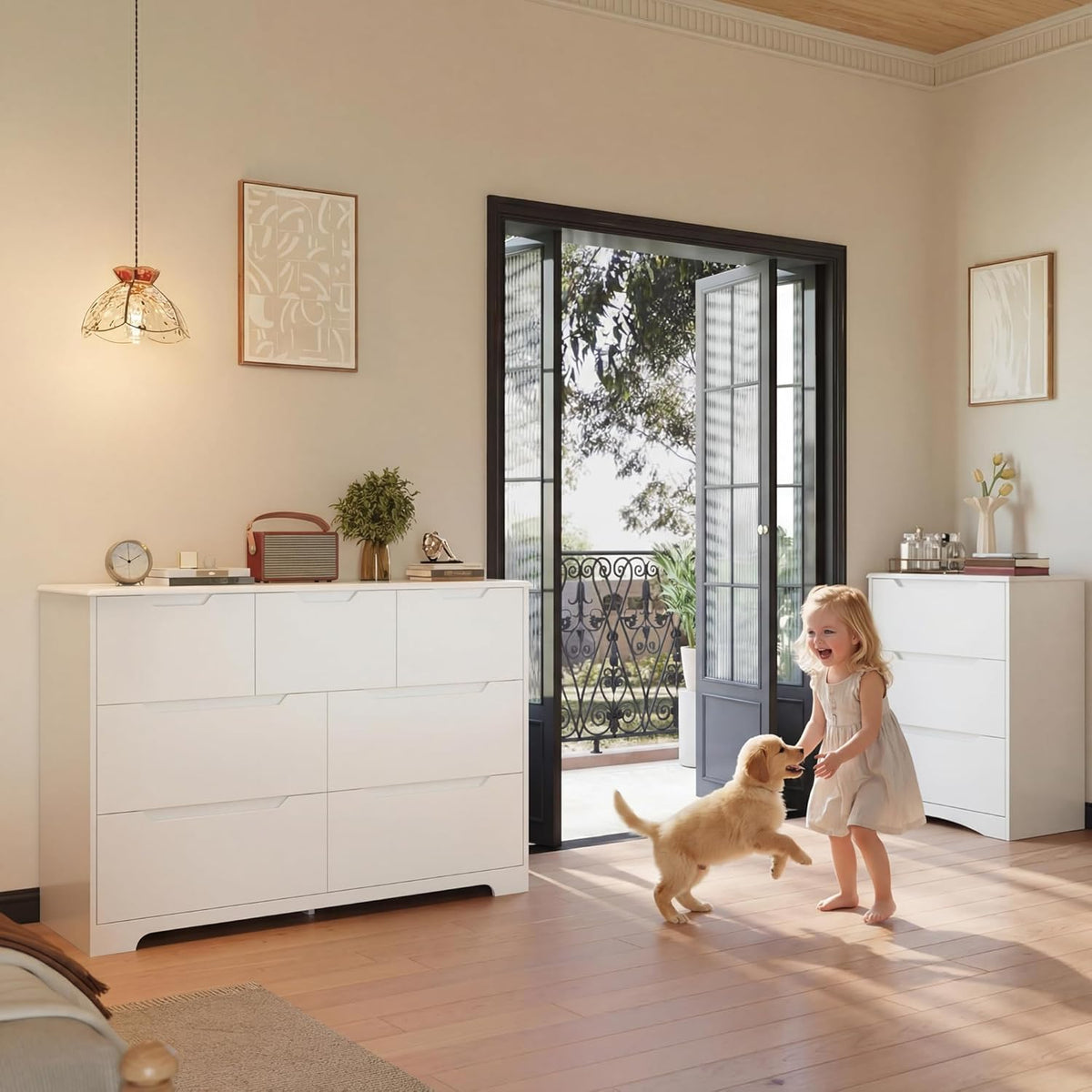 Gizoon 7 Drawer Dresser, 48" Wide White Dresser for Bedroom, Chest of Drawers with Handle Free Design, Modern Storage Organizer for Living Room, Kids Room, Entryway, Hallway, White