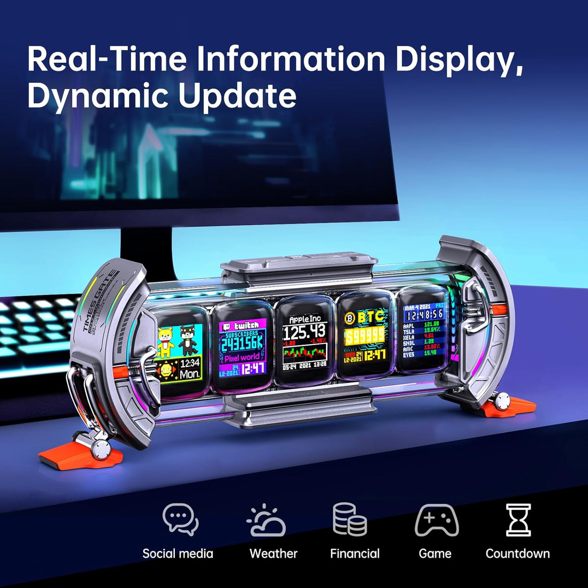 Divoom Times Gate - Cyberpunk Gaming Setup Digital Alarm Clock, Smart APP, WiFi Connect, RGB LED Display, Personalized Financial & Bitcoin Dashboard, Pixel Art for Gaming Room & Office Decor, Silver
