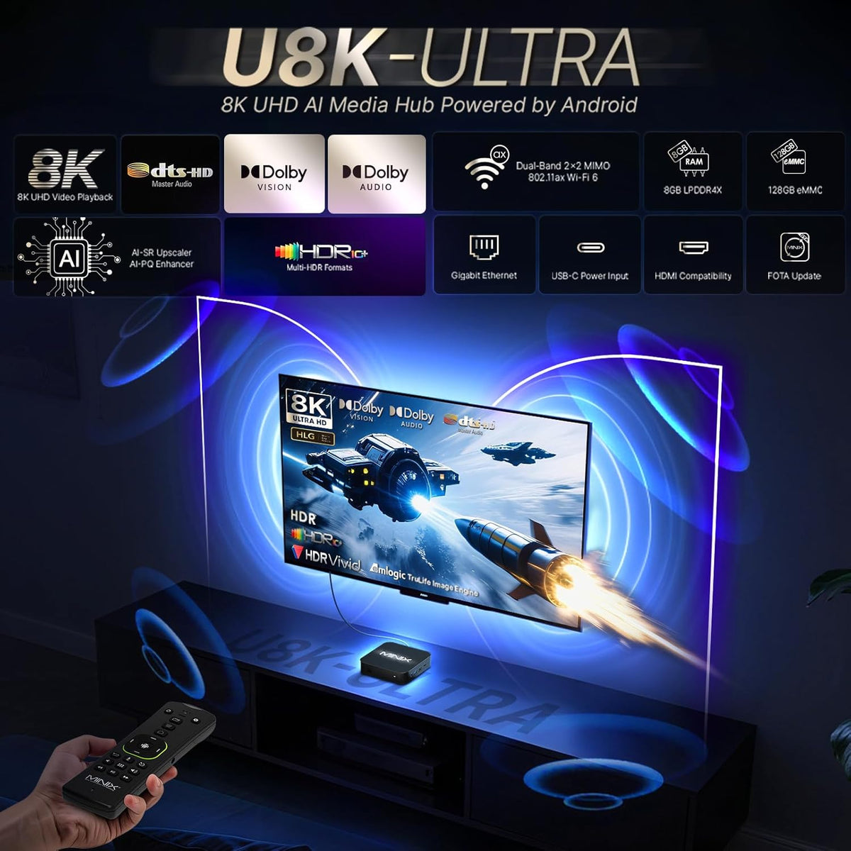 MINIX U8K-Ultra 8K Android Media Player with AI Picture Quality Enhancer & AI Resolution Upscaling 8GB RAM 128GB eMMC, Powered by AOSP 11 (Non-Android TV), Dolby Vision and Dolby Atmos Certified
