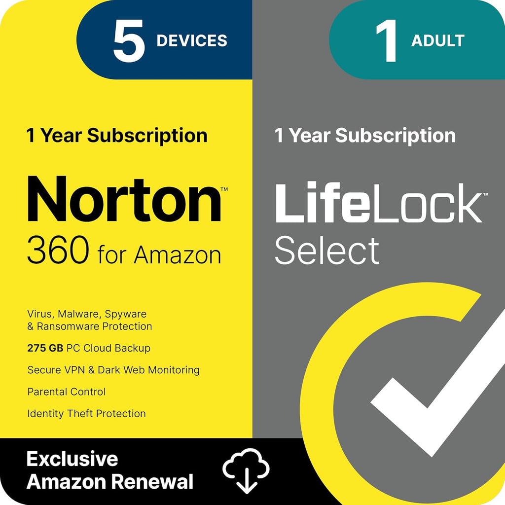 Norton 360 with LifeLock Select Bundle, 1 Year Subscription - 5 Devices - All-in-One Protection for your Devices, Online Privacy, and Identity, Activation Required Subscription