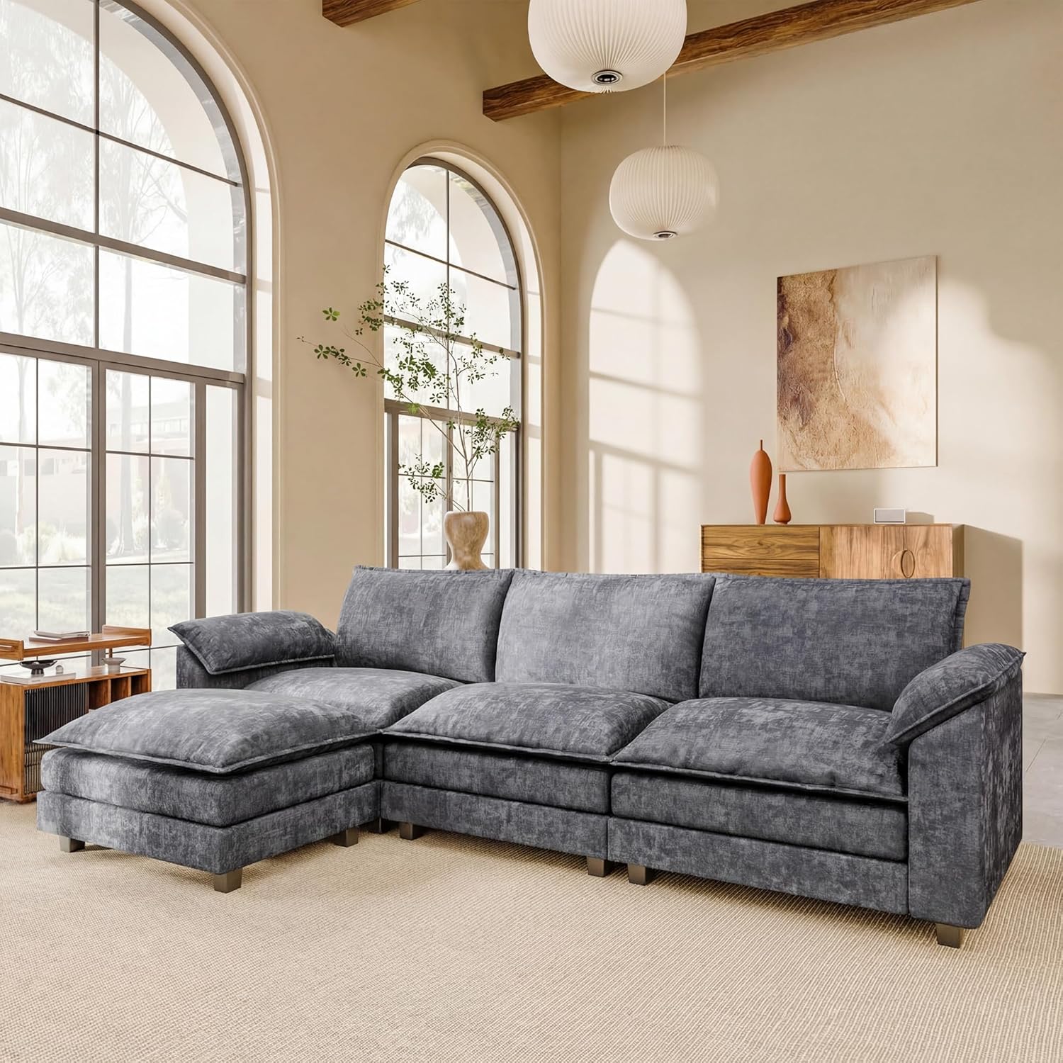 JUMMICO 118.9" Modular Sectional Cloud Couch 3-Seat Sofa Set with Movable Ottoman, L Shaped Sofa Couch with Deep Seat, Chenille Couches for Living Room (Light Grey-4, L Shaped Sofa)