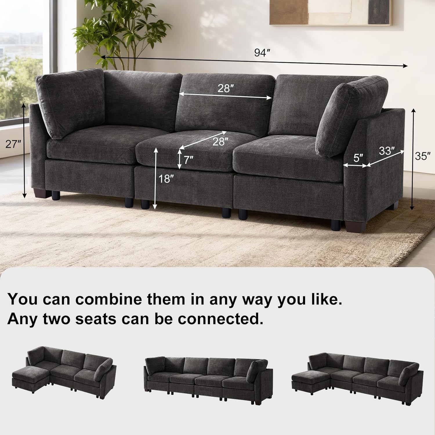 EDILLY 94 inches Oversized Modular Sectional Fabric Cloud Sofa Set, Extra Large L Shaped Couch Reversible Chaise Couch,3 Seat Modular Sofa,Grey