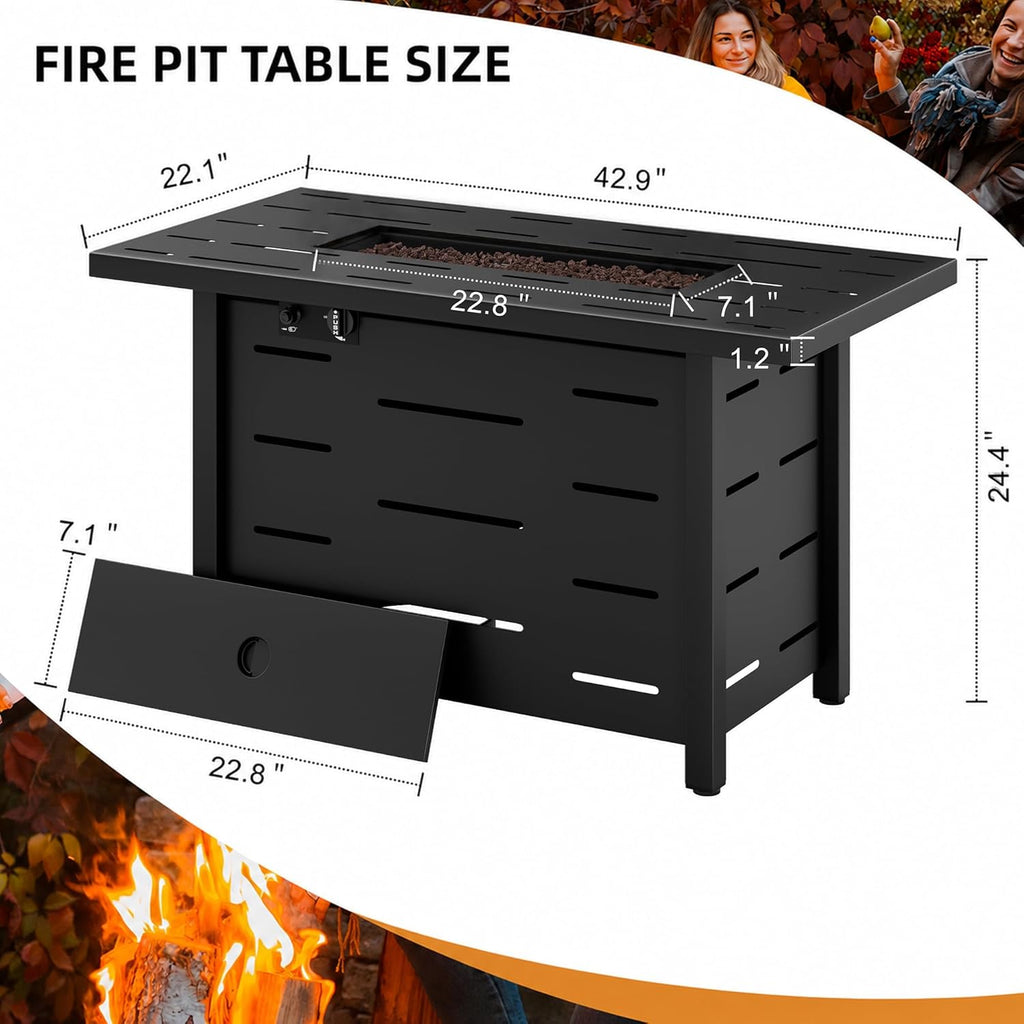 43 Inch Propane Fire Pit Table for Patio & Backyard, 50,000 BTU Steel Gas Fire Pit with Lid & Lava Rocks, Outdoor Table Heater for Deck, Garden, Smokeless Flame