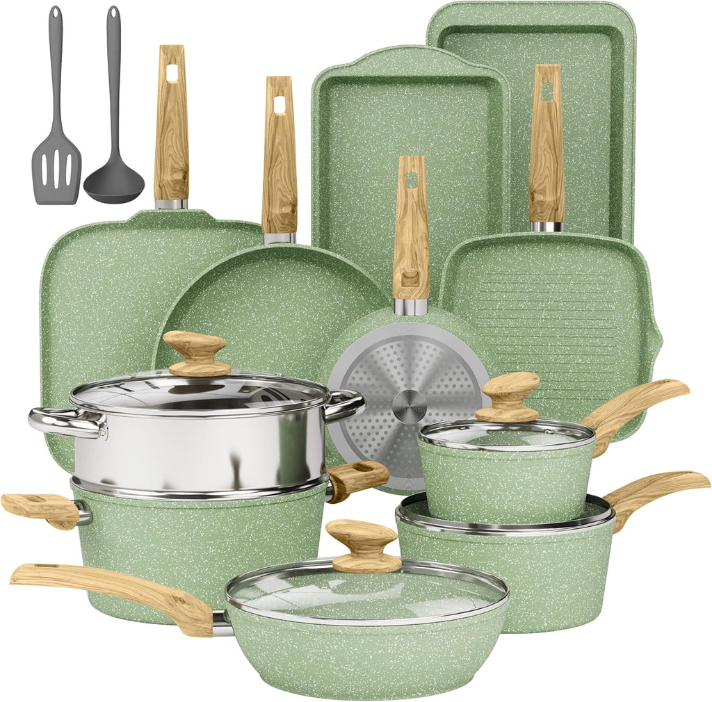 17 Piece Pots and Pans Set Non Stick, Nonstick Induction Granite Kitchen Cookware Sets, Induction Cookware Frying Pans, Nonstick Granite Cooking Set, Pan Sets for Cooking, Green