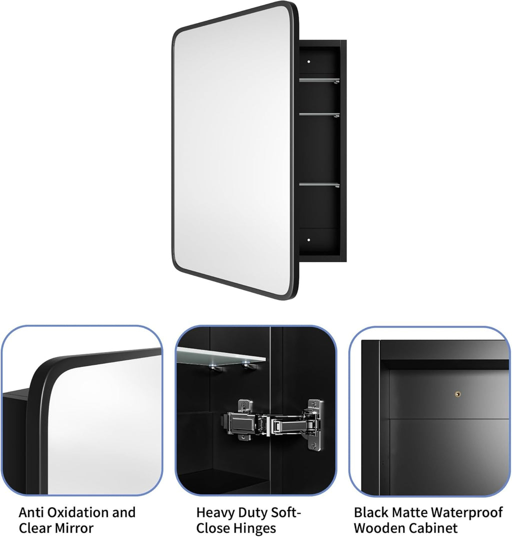 AGDULL Vintage-Style Bathroom Medicine Cabinet, Surface Mount or Recessed, Wood Wall Cabinet with Black Metal Frame Curved Mirror, Overall 20" W x 30" H