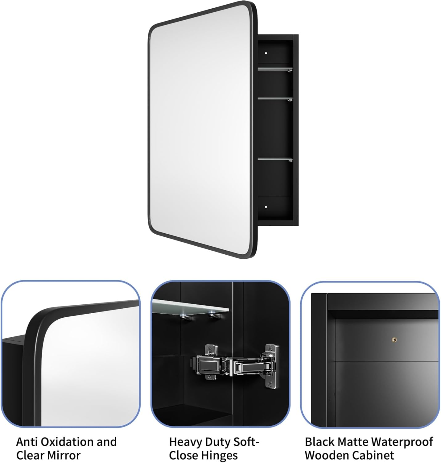 AGDULL Vintage-Style Bathroom Medicine Cabinet, Surface Mount or Recessed, Wood Wall Cabinet with Black Metal Frame Curved Mirror, Overall 20" W x 30" H