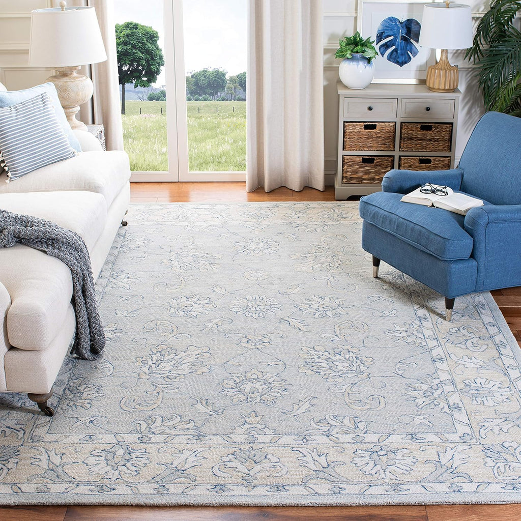 SAFAVIEH Area Rug 8x10 - Micro-Loop Collection - Large - Blue & Beige, Handmade Wool, Ideal for Living Room, Bedroom, Office, Dining Space (MLP535M)
