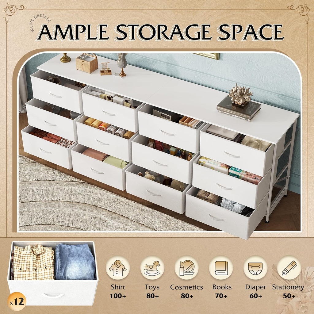 WLIVE 75.5'' White Dresser for Bedroom, TV Stand for 85, 80, 75, 65 Inch TV, 12 Drawer Long Fabric Dresser with Wood Top, Wide Entertainment Center Storage Chest for Living Room, Closet