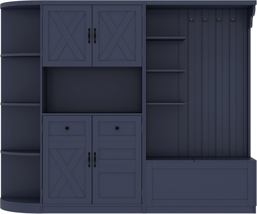LUMISOL Wide Hall Tree with Storage and 4 Hooks, Left-Right Combination Hall Cabinet, Can Be Used Separately, Entryway Storage Cabinet with Bench, for Living Room Kitchen, Antique Blue