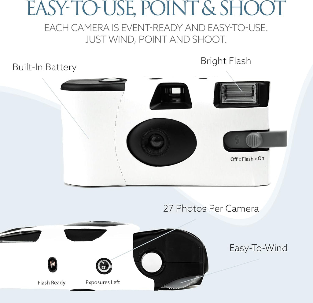 H&H Photo Supply White Disposable Cameras for Wedding (12 Pack) – Deluxe Disposable Camera Bulk Set Perfect for Weddings! – Includes Carrying Tote & Development Discount – USA-Made Film, 27 Photos
