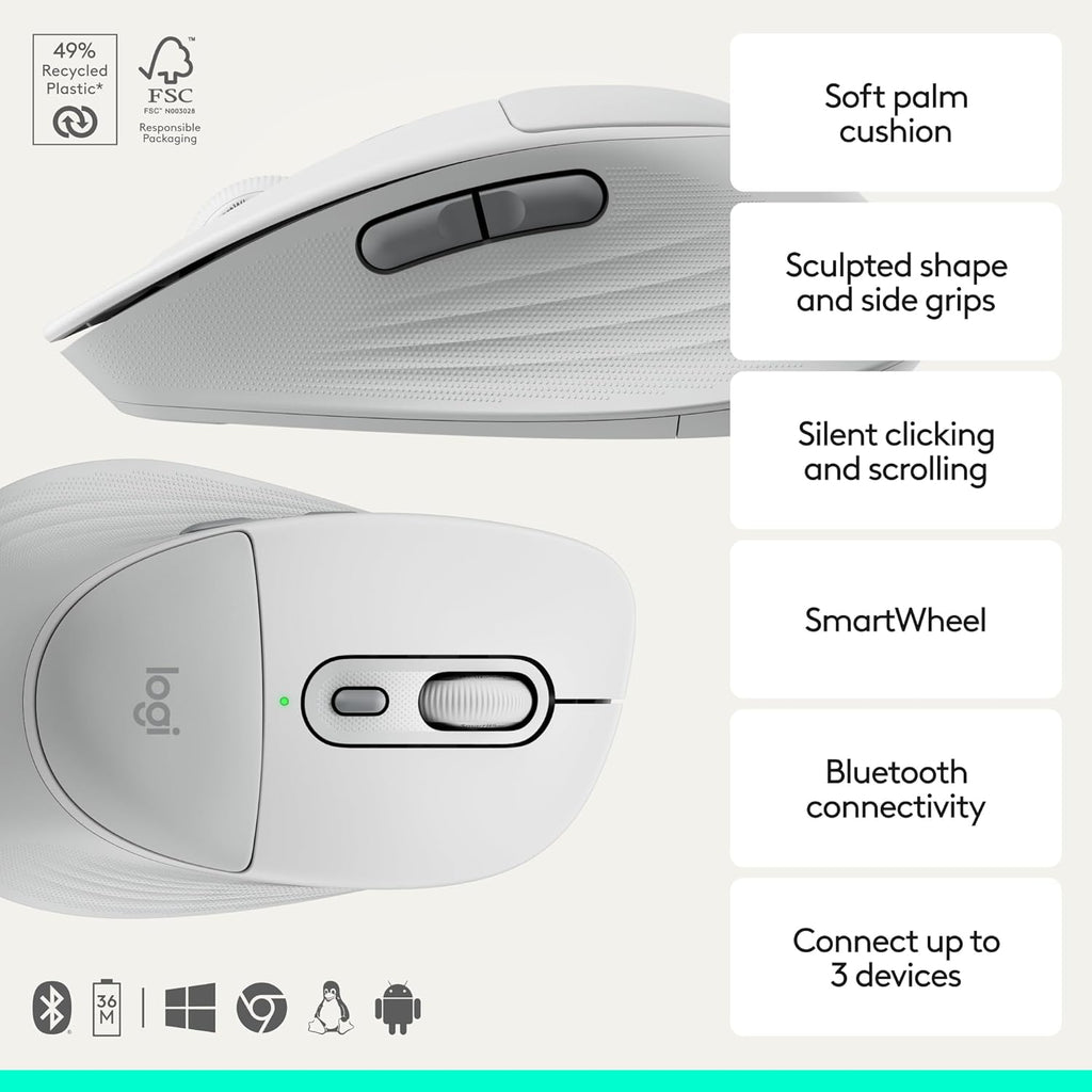 Logitech Signature Comfort Plus Combo MK880 Wireless Keyboard and Mouse Combo, Full-Size Comfort Keyboard with Palm Rest, Silent Clicks, Bluetooth, for Windows and macOS - Off White