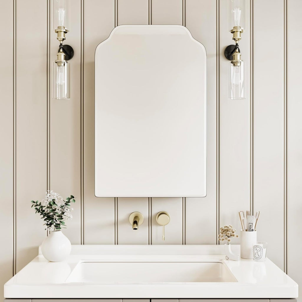AGDULL Victorian-Style Surface Mount or Recessed Medicine Cabinet, Wood Bathroom Wall Cabinet with Arched Mirror, Black, Right-Swing Door, Overall 16.5" W x 24" H