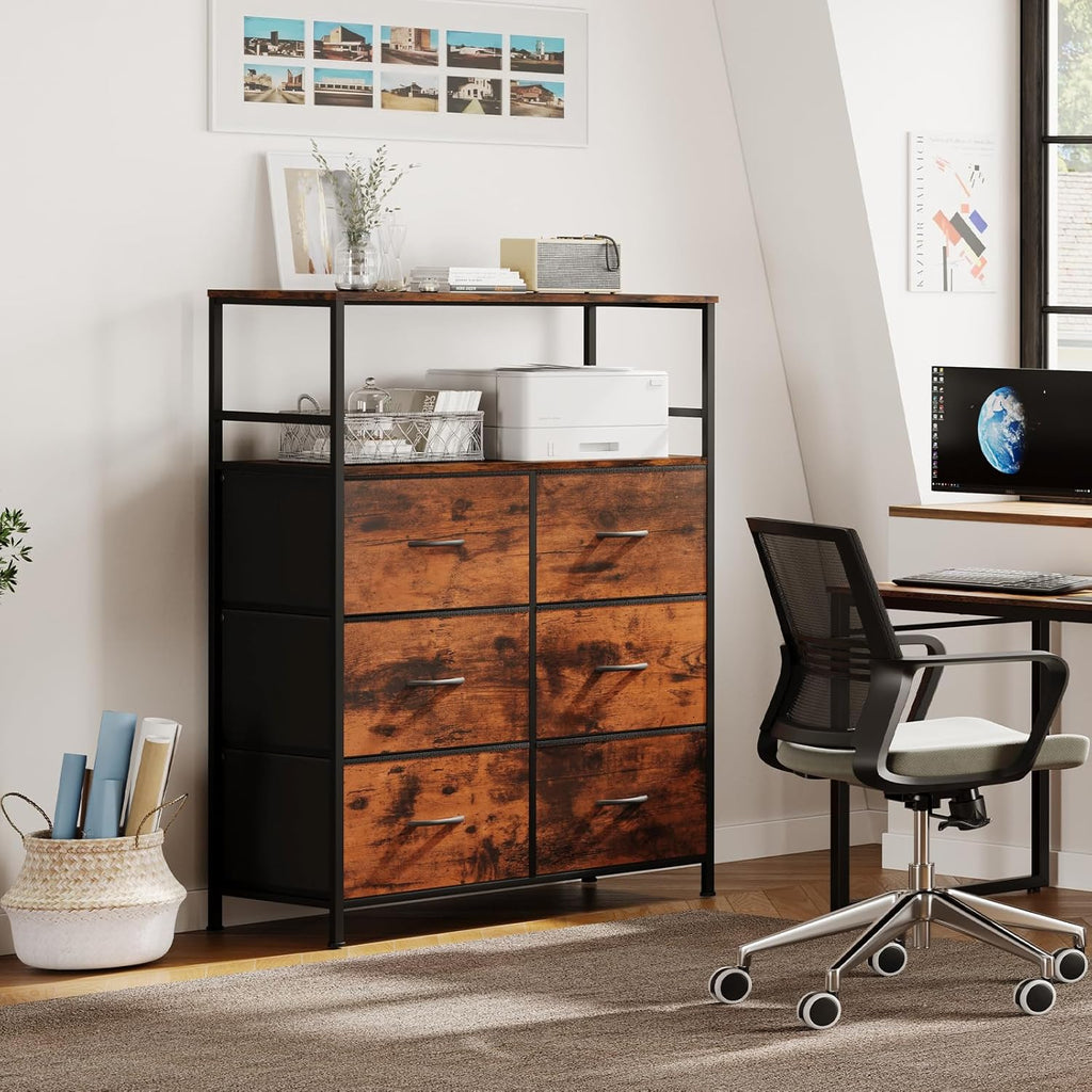 DreamDashio 51" H Tall Mobile File Cabinet, Rolling Printer Stand with 6 Drawers, Adjustable Hanging Rails for A4/Letter/Legal Files, Fabric Vertical Filing Cabinet for Home Office, Rustic Brown