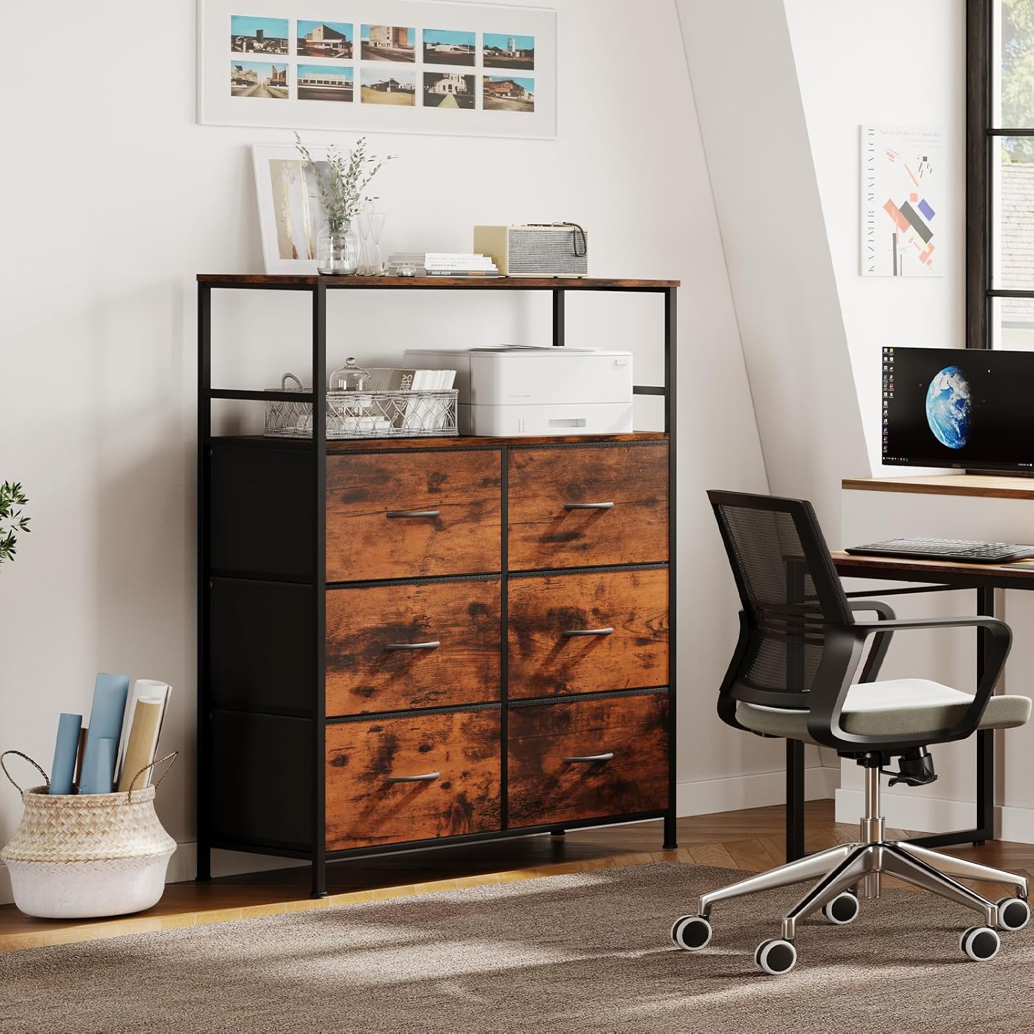 DreamDashio 51" H Tall Mobile File Cabinet, Rolling Printer Stand with 6 Drawers, Adjustable Hanging Rails for A4/Letter/Legal Files, Fabric Vertical Filing Cabinet for Home Office, Rustic Brown