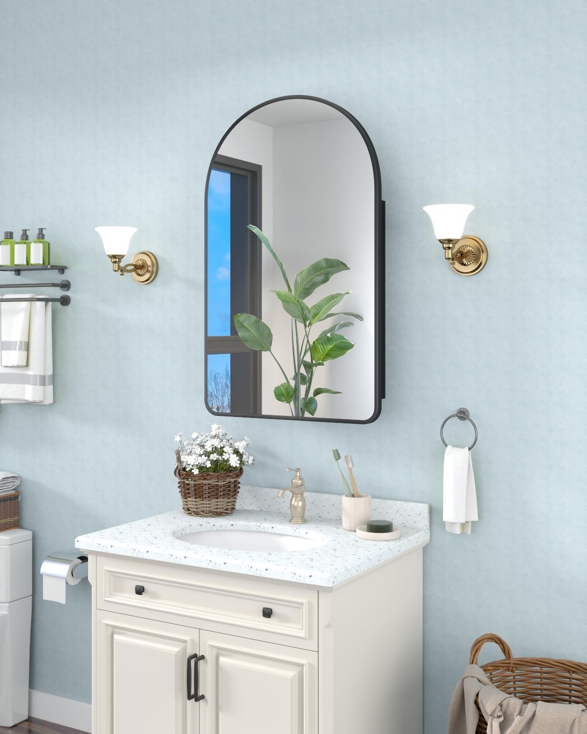 19.7"x31.5" Black Medicine Cabinet with Mirror, Arched Medicine Cabinet with Mirror for Bathroom Vanity Wall Mounted & Recessed with 1 Organizer, 2 Stable and Removable Shelves, Easy Installation