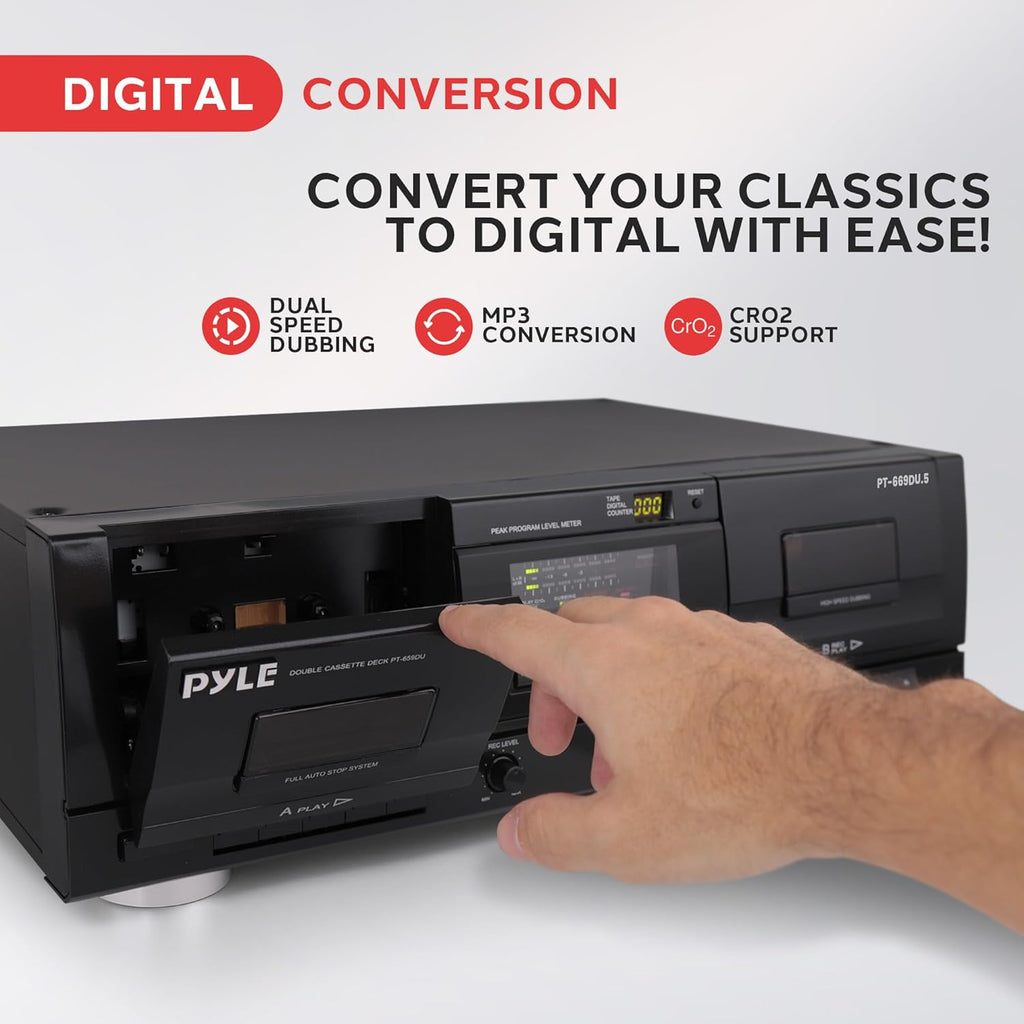 Pyle Dual Stereo Cassette Tape Deck - Clear Audio Double Player Recorder System w/ MP3 Music Converter, RCA for Recording, Dubbing, USB, Retro Design - For Standard / CrO2 Tapes, Home Use - PT659DU