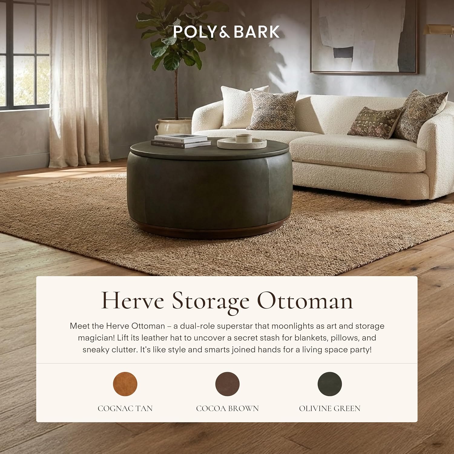 Poly & BARK Herve Storage Ottoman – Round Italian Full-Grain Leather Ottoman with Hidden Storage – Solid Wood Base in Walnut Finish – Olivine Green