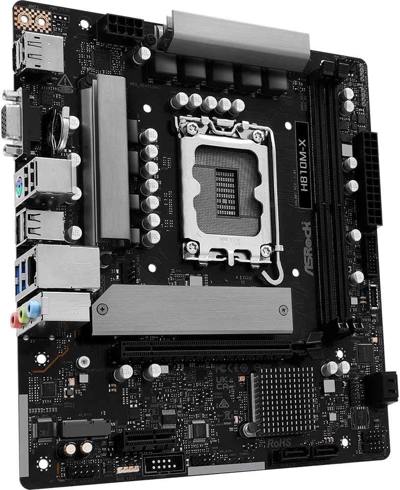 ASRock H810M-X LGA1851 Micro-ATX Motherboard, Supports Intel Core Ultra Series 2 Processors, DDR5 6400, PCIe 4.0, 2.5G LAN, HDMI, DisplayPort, VGA