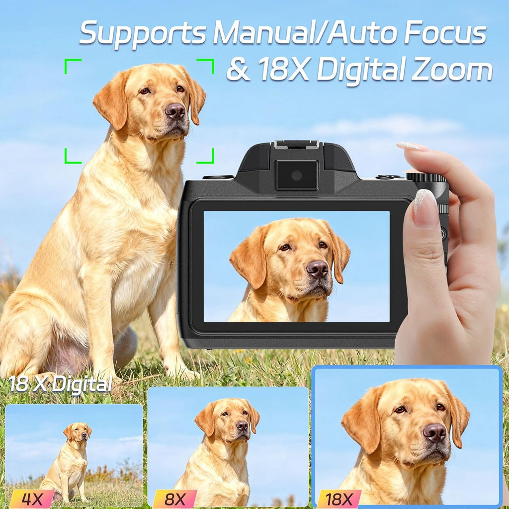 Dsoon Digital Camera,4K 64MP Cameras for Photography with 4”0 Touch Screen,18X Digital Zoom Autofocus Photography Shoot Camera with Dual-Lens,2 Batteries,64GB TF Card,Lens Hood