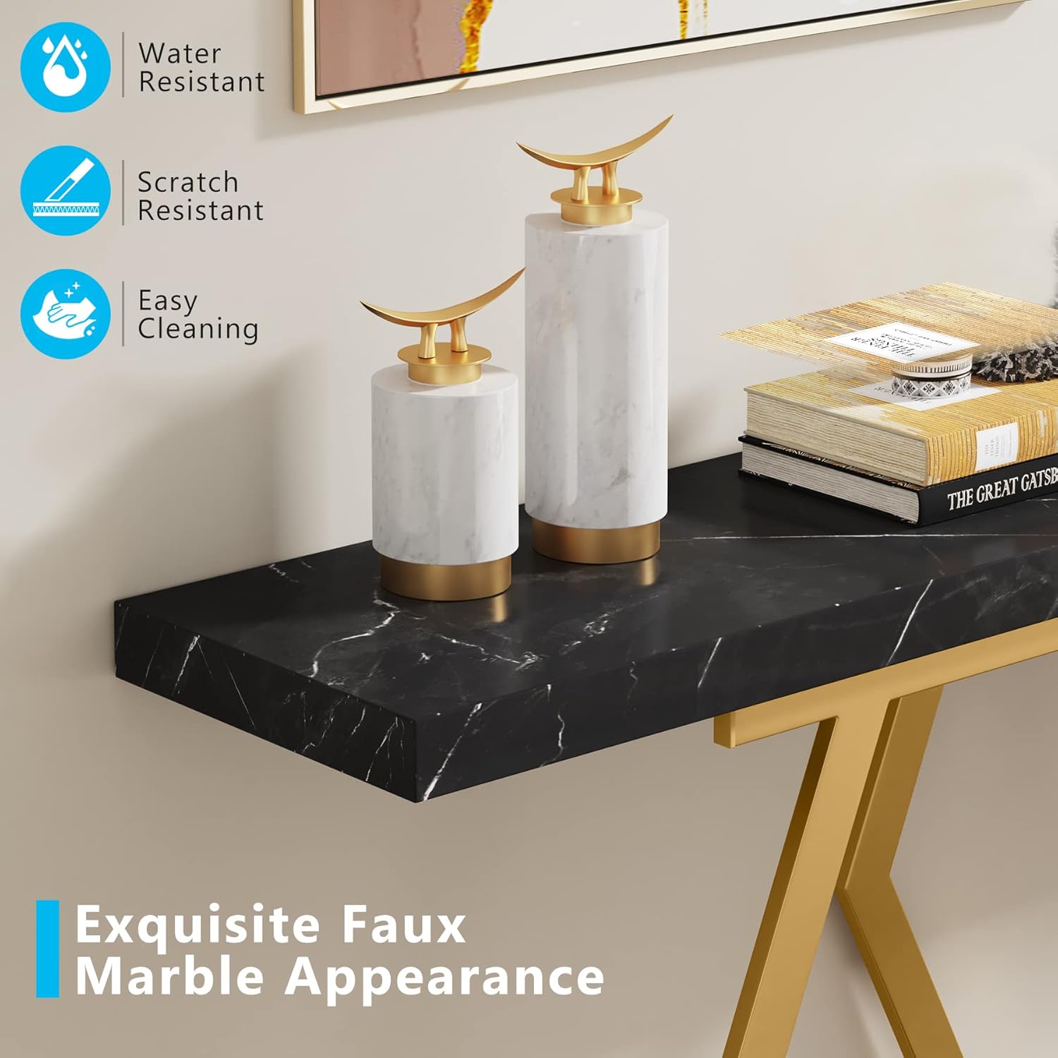 Tribesigns 70.9 Inch Extra Long Sofa Table .Black and Gold Console Table with Faux Marble Tabletop, Modern Long Entryway Table with Gold Frame