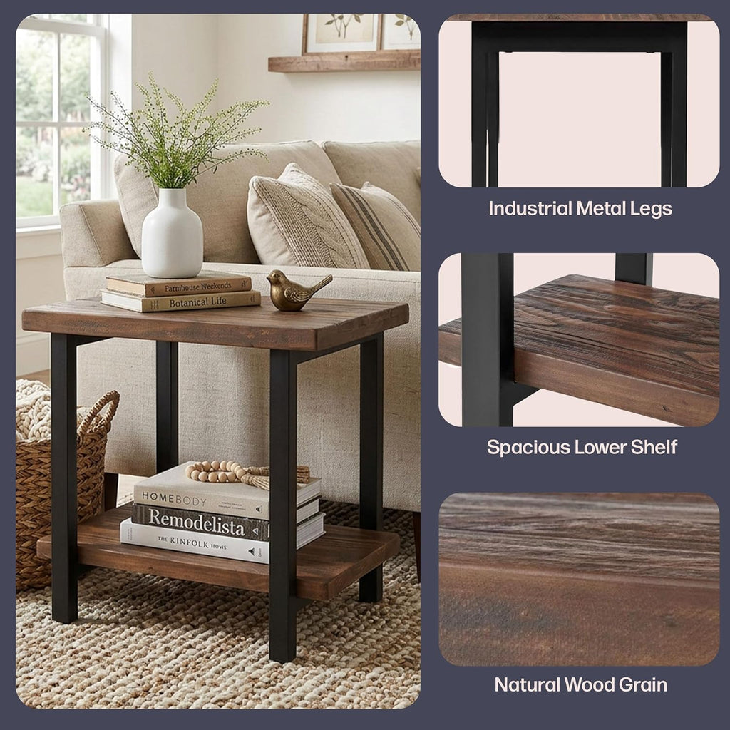 Alaterre Furniture Pomona Living Room 2-Tier Solid Wood End Table with Natural Finish and Metal Legs – Modern Farmhouse Accent or Home Décor (Rustic Brown)
