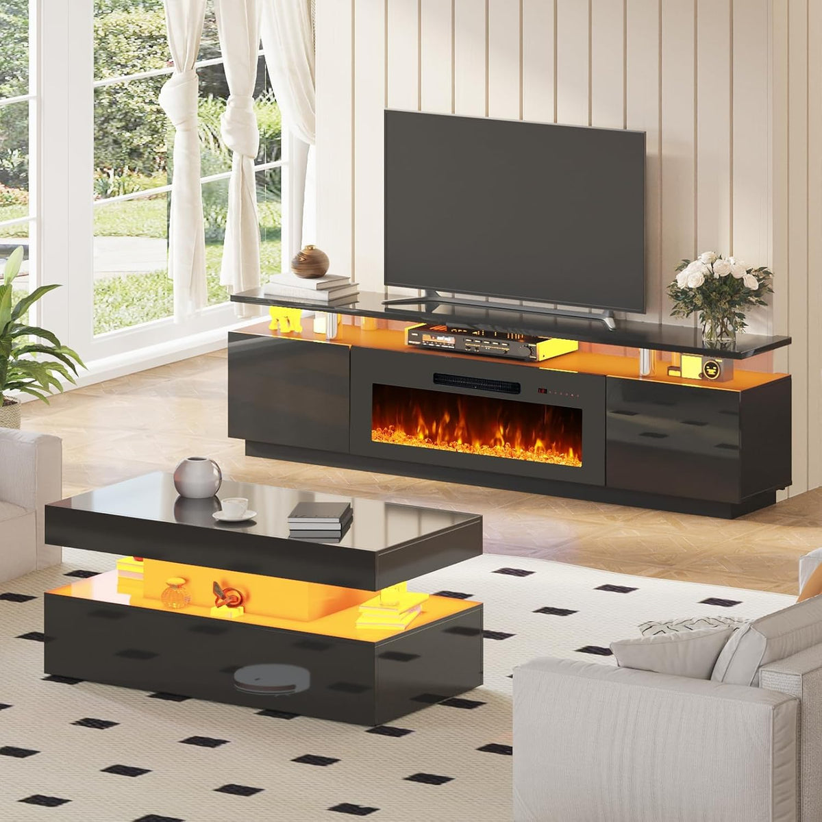 AMERLIFE 3 Piece Modern Living Room Table Set, Includes 80" High Gloss Fireplace TV Stand, 2-Tier Coffee Table, LED Lights Entertainment Center Set for Living Room, Black