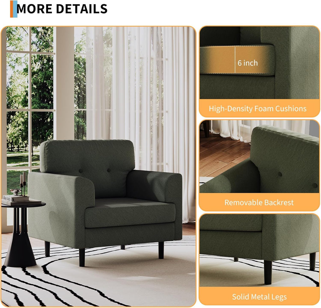 Garvee 38" Wide Sage Green Accent Chair, Modern Linen Upholstered Armchair with High-Density Foam, Comfy Reading & Lounge Chair for Living Room, Bedroom, Home Office & Reading Nook (Earthy Green Tone)