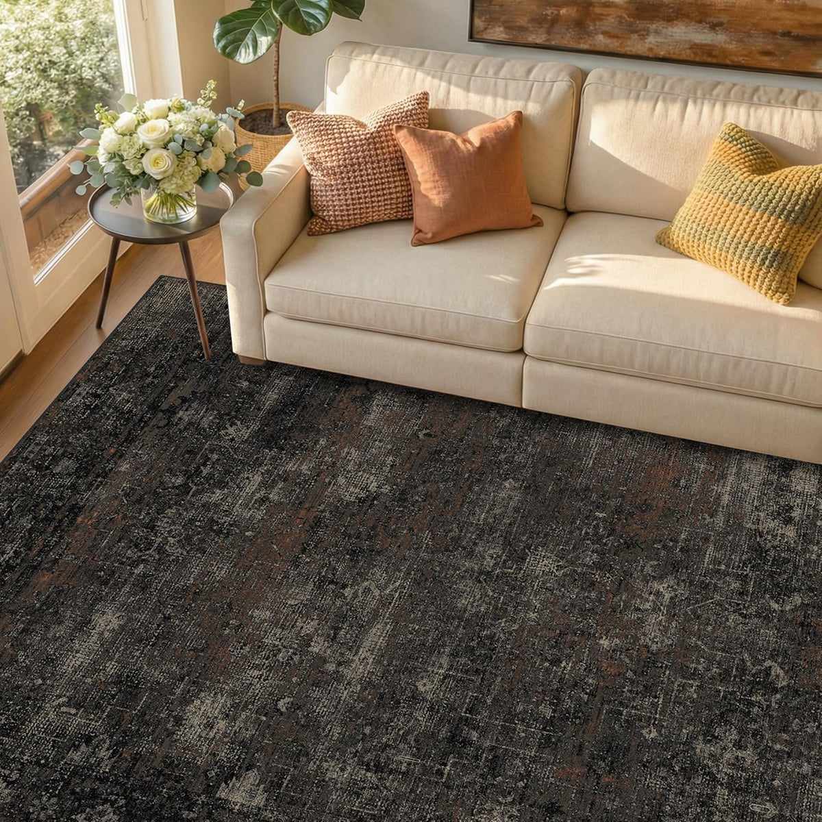 TALANOVA Black Farmhouse Washable 8x10 Area Rugs for Living Room, Dark Charcoal Volcanic Textured Large Rug for Bedroom, Non-Slip Stain Resistant for Dining Room Office Décor