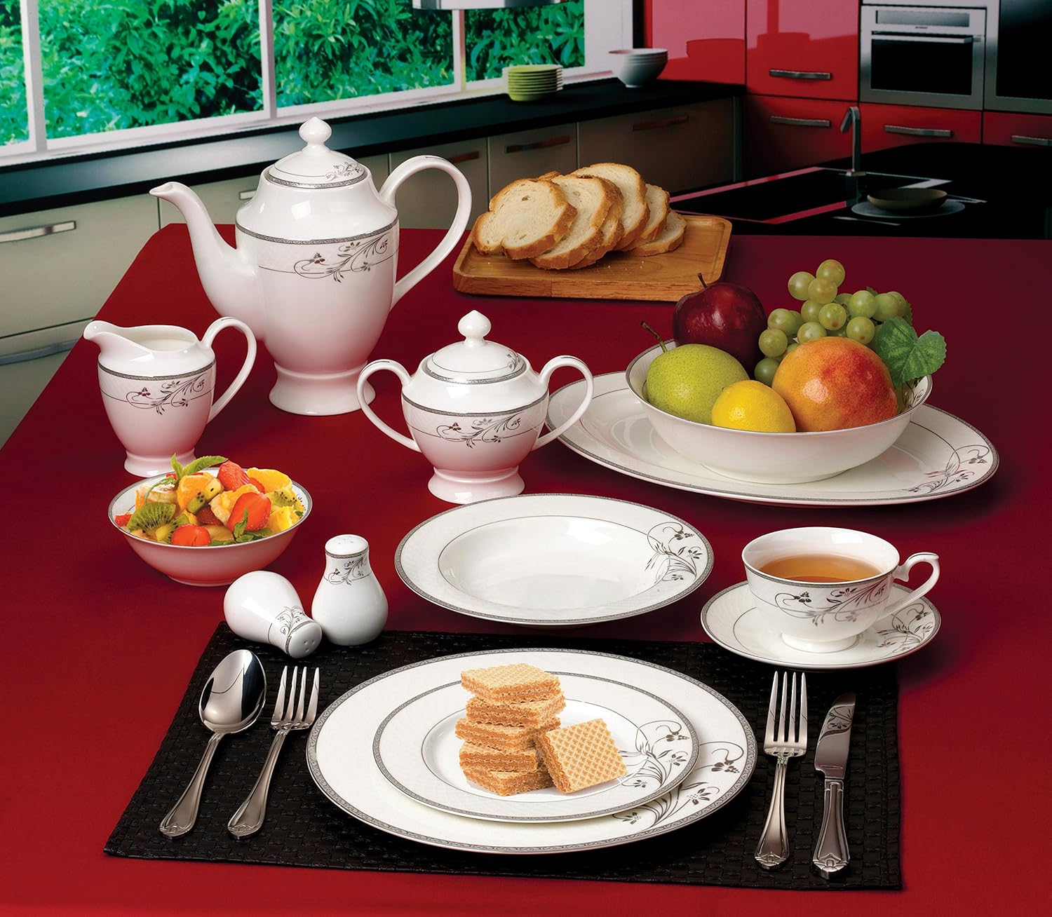 Lorenzo 57 Piece Elegant Bone China Service for 8 Viola Dinnerware Sets, Silver