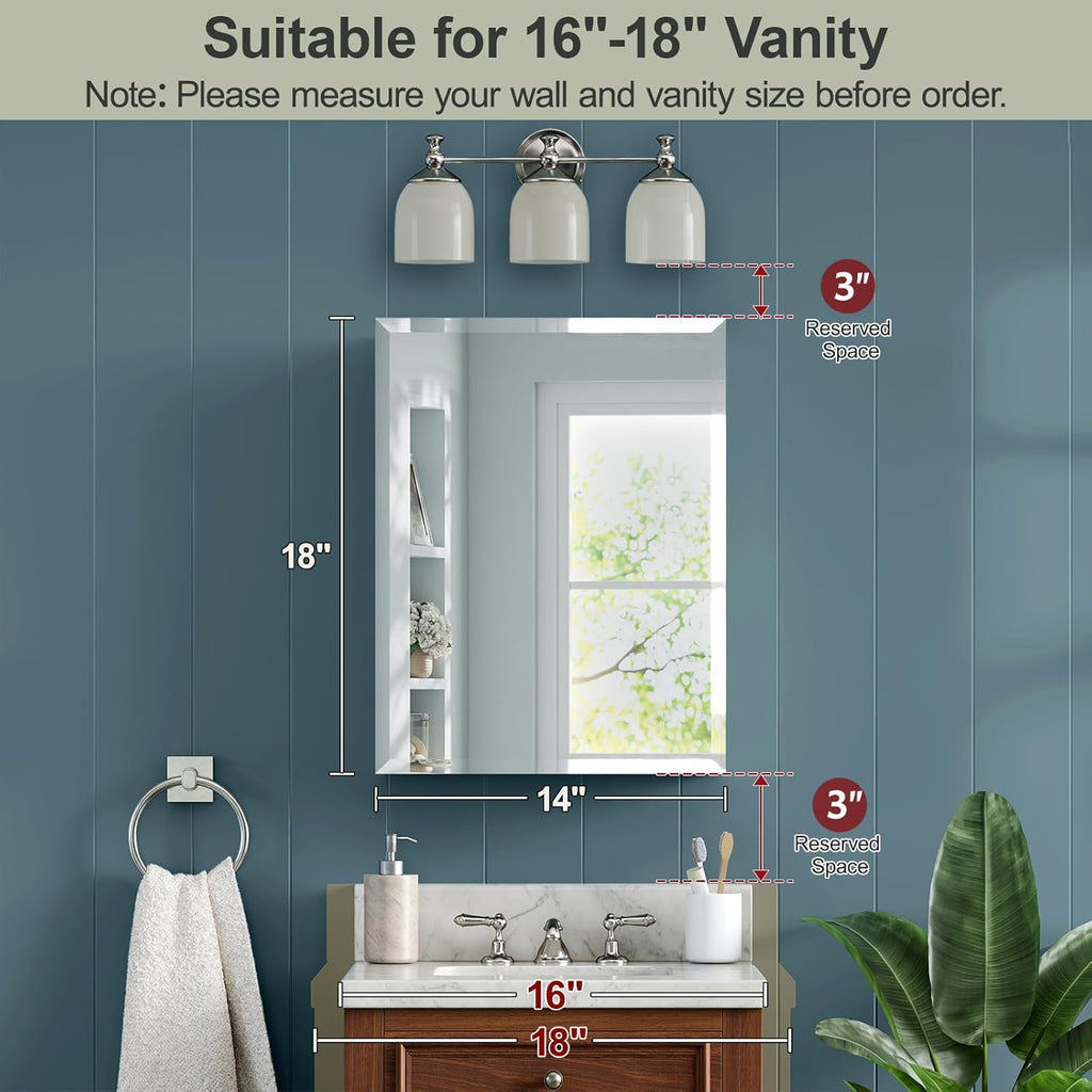 14x18 Inch Aluminum Medicine Cabinet with Beveled Mirror, Assembly Needed, Recessed or Wall Mount, 1 Adjustable Tempered Glass Shelf, Side Mirrors, Reversable Door, Rectangular Silver Edge