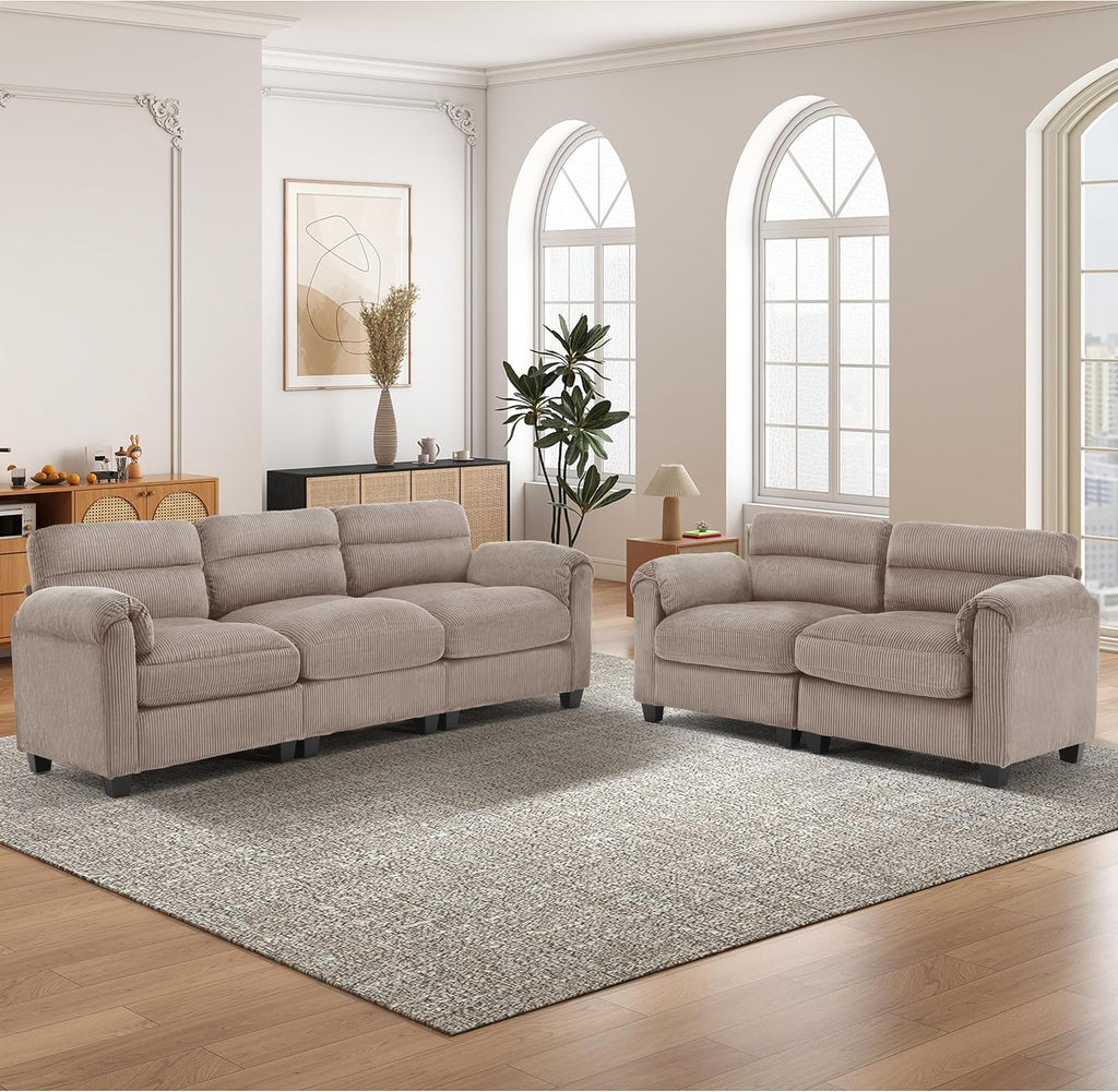 HAOMARKETS Corduroy Sofa Set,Upholstered Loveseat, and 3-Seater Couch with Plush Cushions and Rolled Arms, Modern Living Room Furniture Sets,Brown
