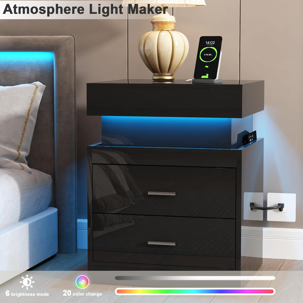 ChooChoo LED Nightstand with Charging Station,Smart Night Stand with Sliding Top Storage, 2-Drawers High Gloss Bedside Table, Modern End Table for Bedroom,Black