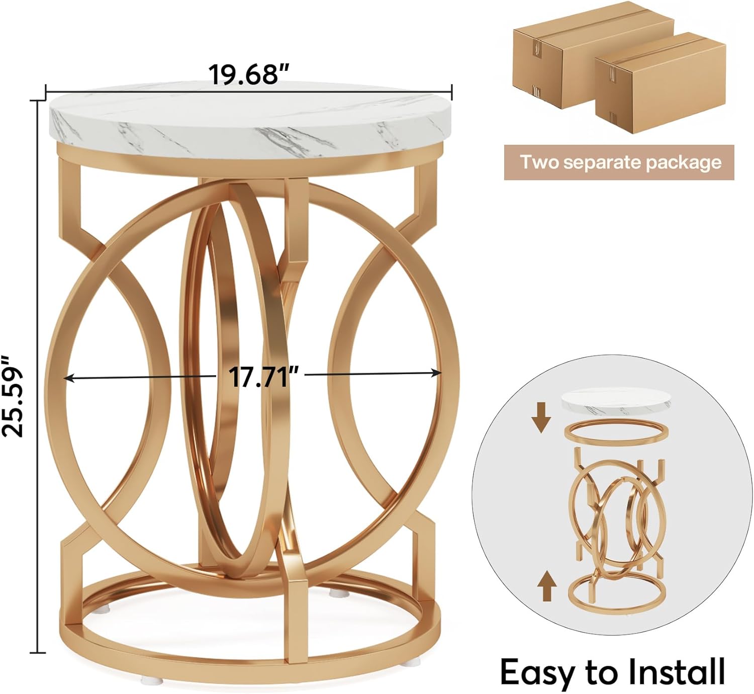 Tribesigns Modern Round End Table Set of 2 with Thickened Tabletop, 20" Gold Side Table with Unique O-Shaped Metal Base, Midcentury Nightstand for Living Room Bedroom, White + Gold
