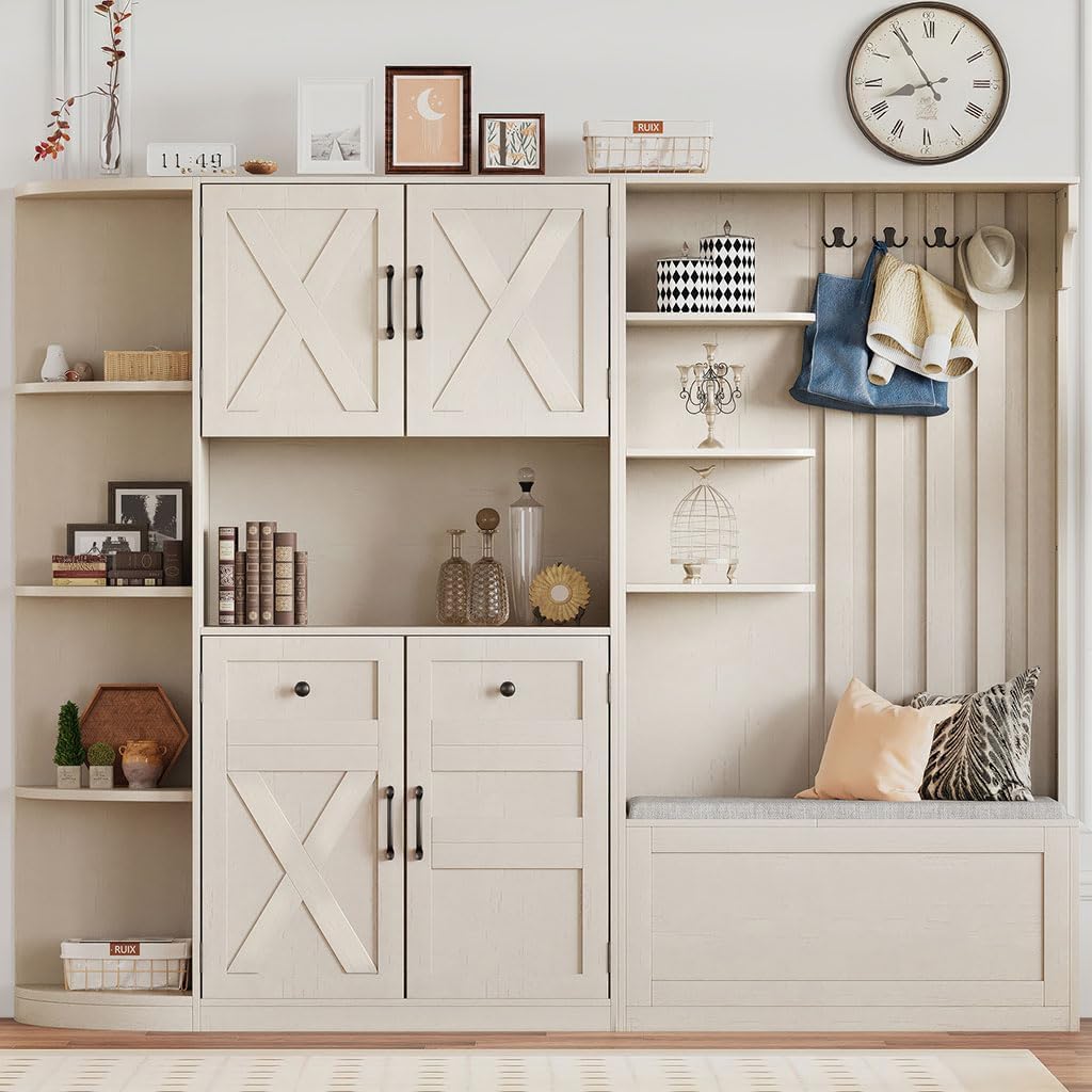 79" Multifunctional Hall Cabinet with Hooks & Storage, Left-Right Combination Entryway Organizer with Bench, 5 Cabinets, 8 Shelves, Space-Saving Mudroom Coat Rack Cabinet,Beige