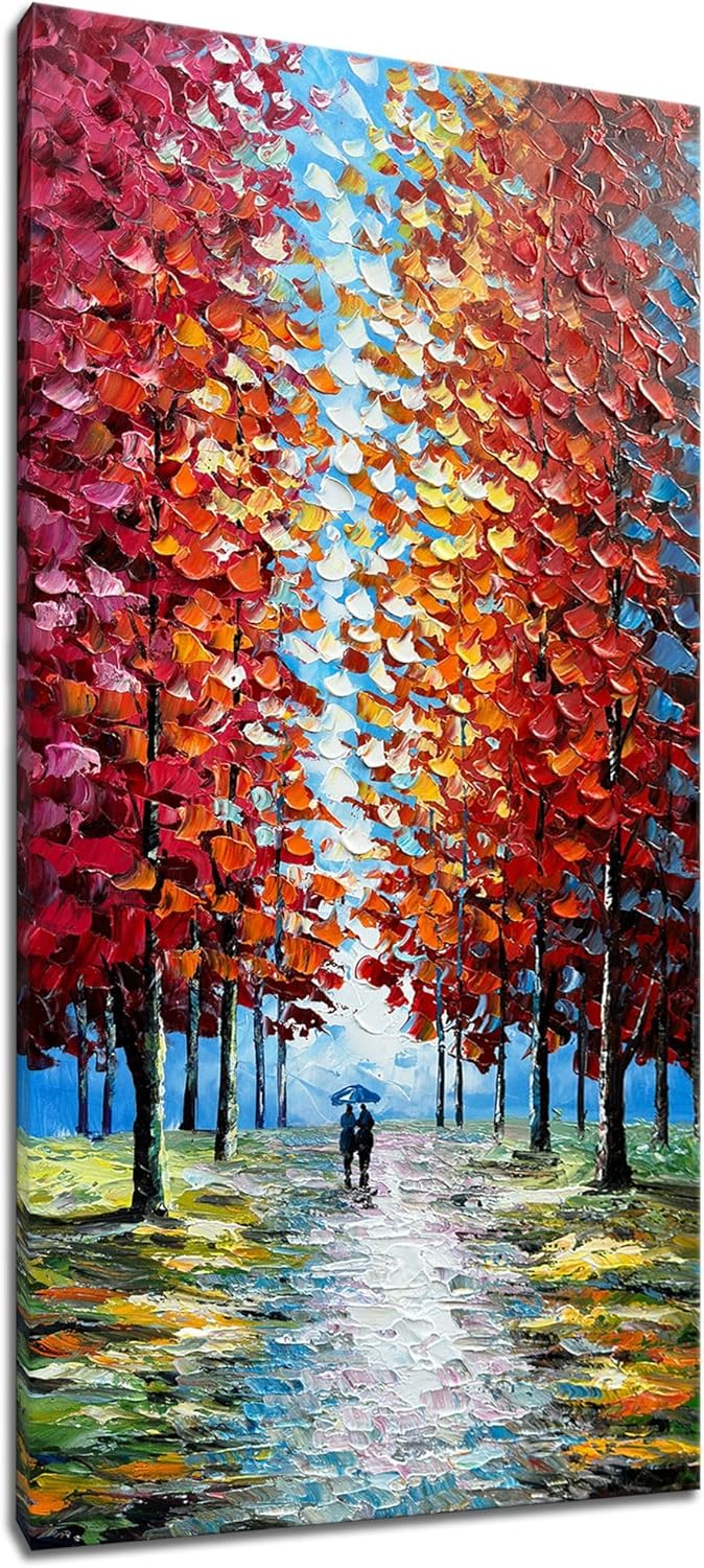 Alenoss Hand Painted 3D Abstract Oil Paintings on Canvas 24x48 Inches Large Modern Forest Landscape Vertical Red Canvas Wall Art Framed Artwork for Living room Bedroom Tree Art Decor