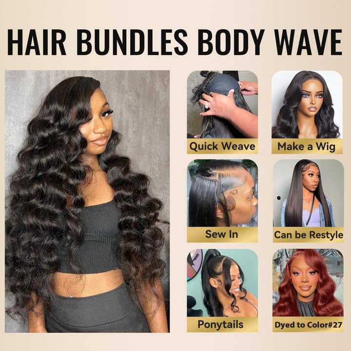 WEQUEEN Body Wave Bundles Human Hair 16A Brazilian Virgin Hair Bundles, Silky and Soft, 18 20 22 Inch Thick Weave Natural Black